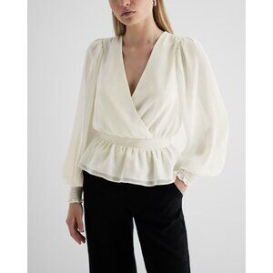 Express Women's V-Neck Smocked Cuff Peplum Top Long Sleeves Swan Size XS NWT $54